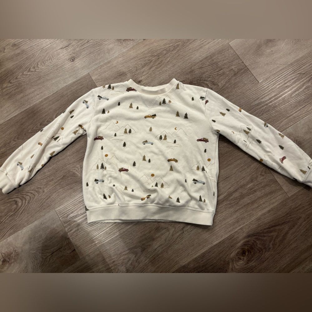 Kids Cream Sweater with Car and Tree Print